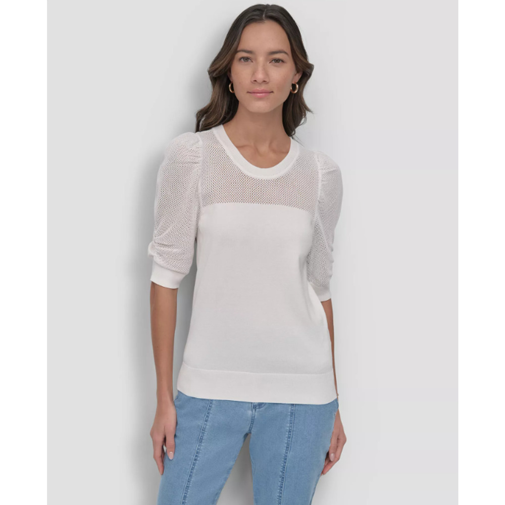 DKNY Women's Mesh Puff-Sleeve Sweater White Size XL 17293